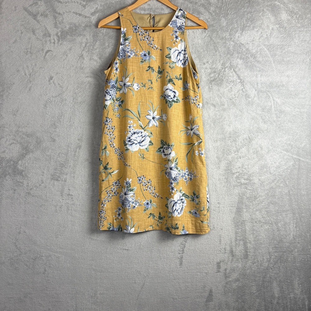 RW&CO Dress Floral Linen Blend Shift Size M Yellow Sleeveless Keyhole Back